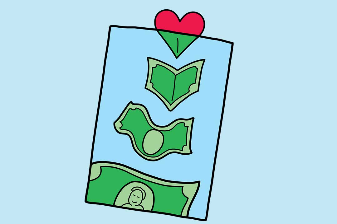 Dinero que va a una bolsa con un corazón que se convierte en una cuenta en dólares